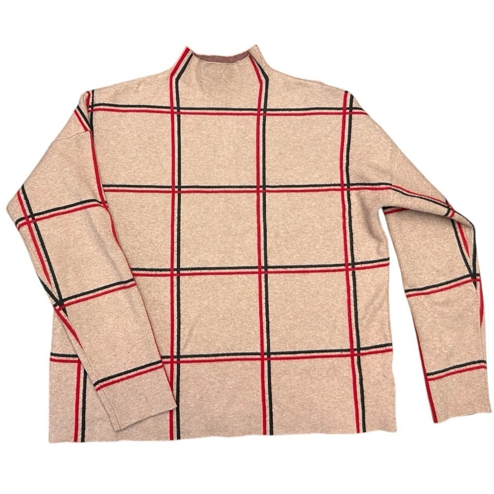 Tahari Classic Beige Checkered Boxy Sweater Turtle Neck Relaxed Fit Size XL